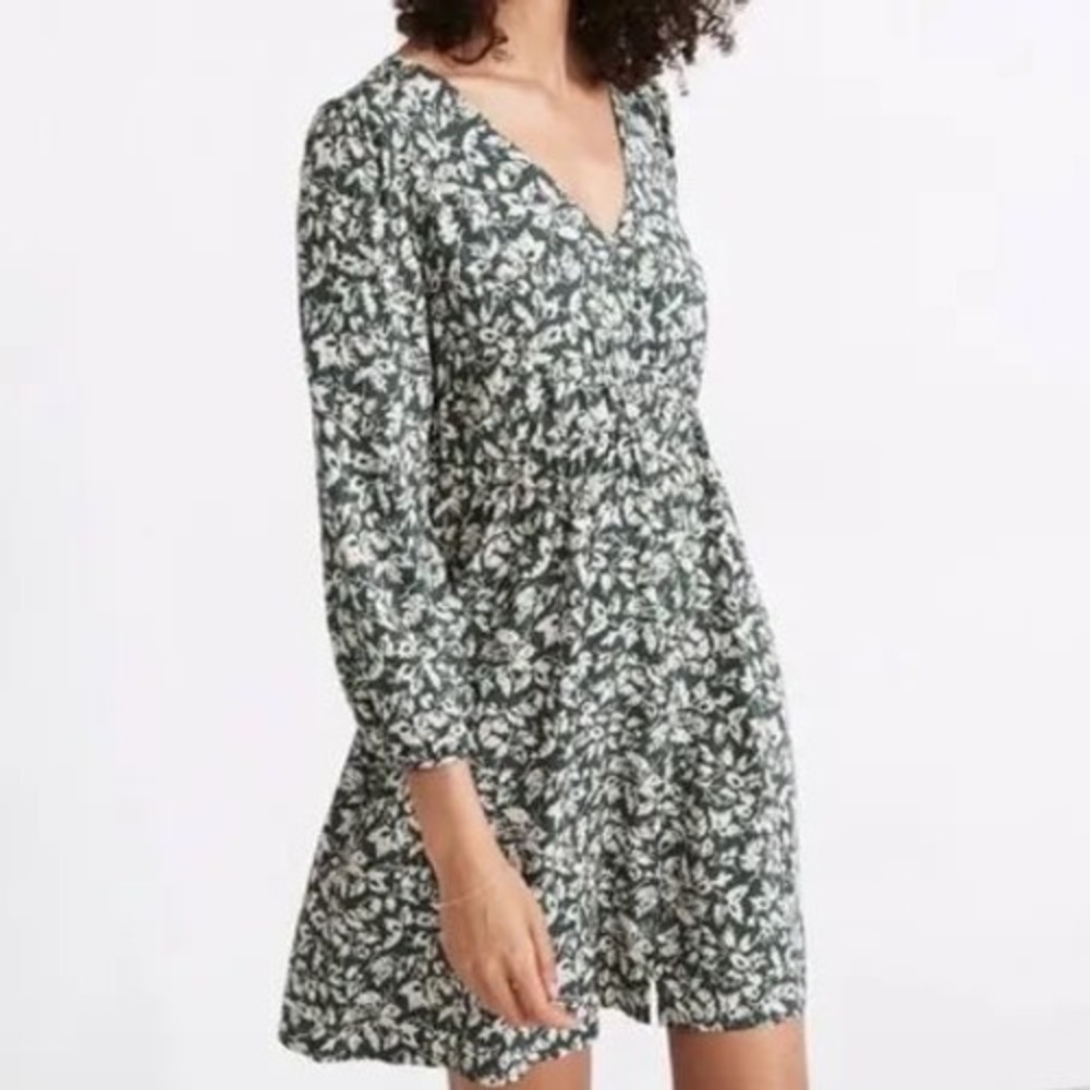 Madewell Forest Green Floral V-Neck Mini Dress 3/4 Sleeve Viscose Size M